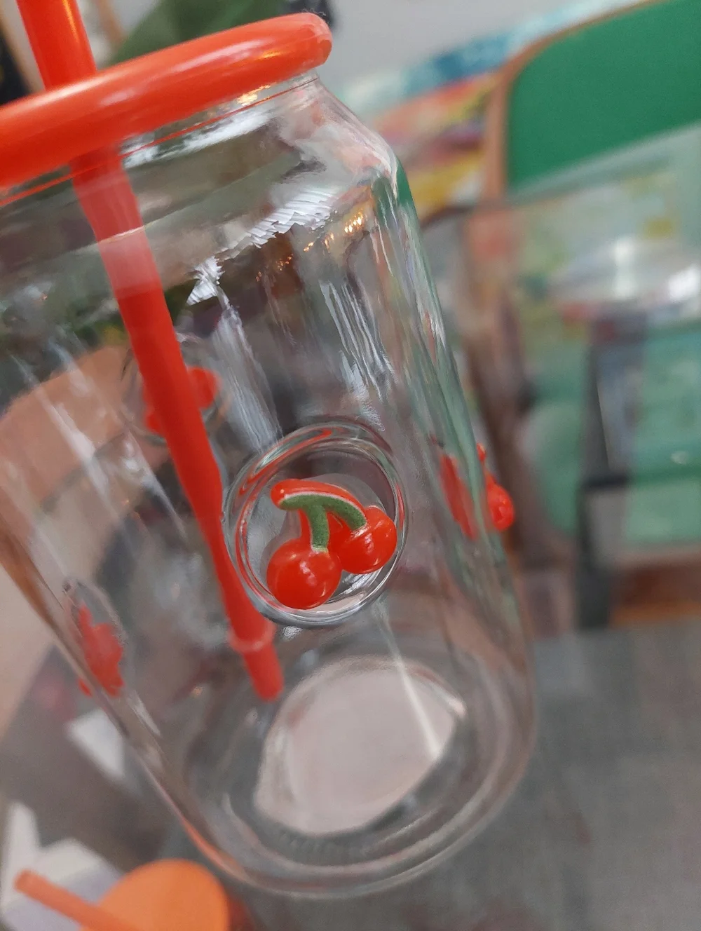 Glass Tumbler Red Cherry Charmed Cup W/ Lid And Straw ( NEW)